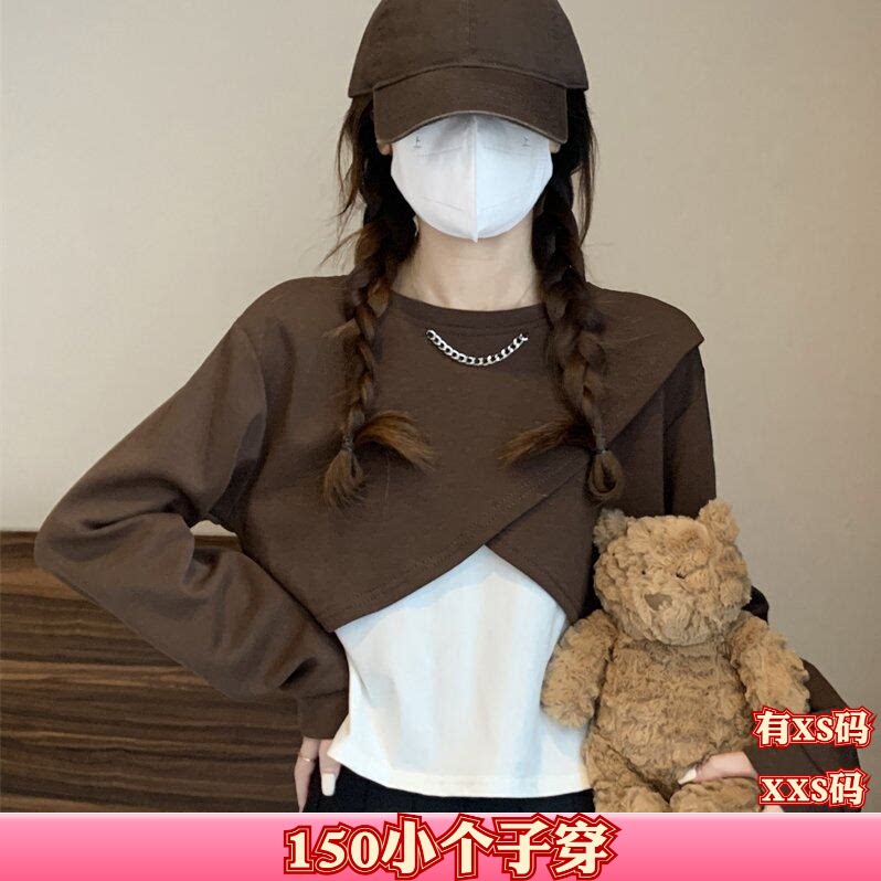 秋装女装加小码XXS矮个子150cm显高不规则交叉长袖款卫衣两件套女