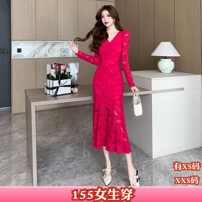 加小码女装秋装150cm显高矮个子XXS蕾丝V领长袖收腰包臀连衣裙女