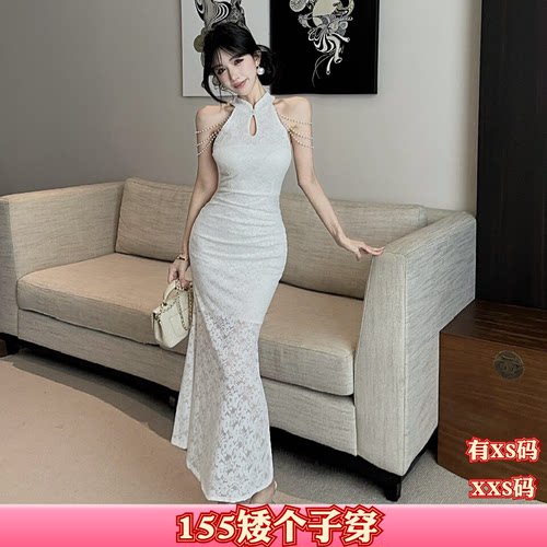 秋装小个子女装加小码XXS150cm新款旗袍挂脖链条蕾丝时尚裙连衣裙