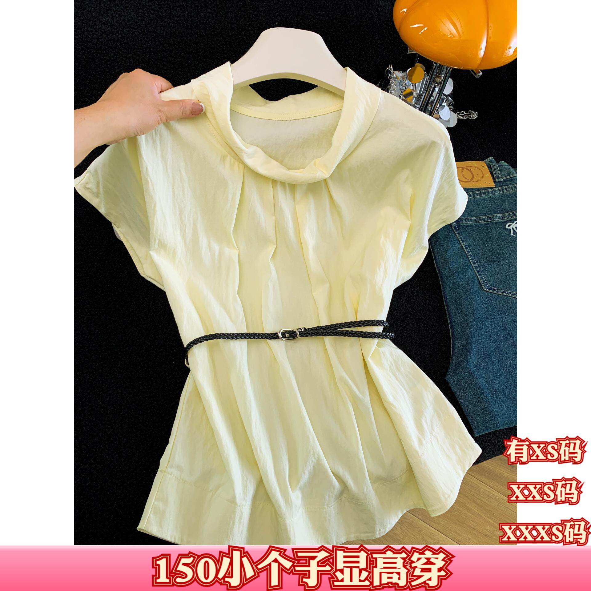 夏季矮个子女装150cm显高加小码XXS短袖衬衫女送腰带高级感上衣