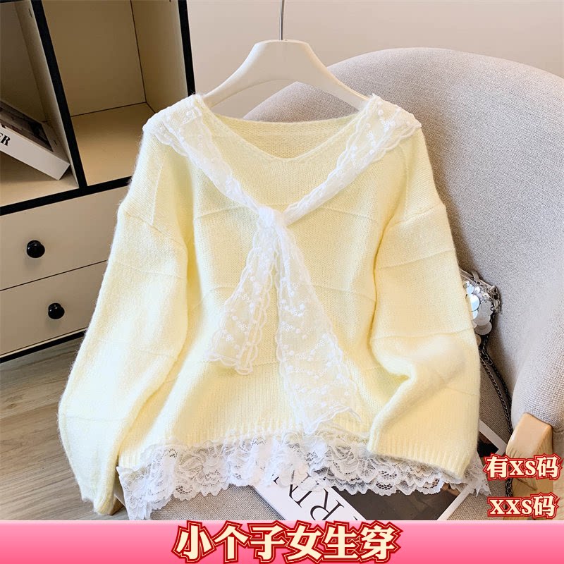 女装秋装矮个子显高加小码XXS显高慵懒v领套头毛衣女拼接蕾丝针织