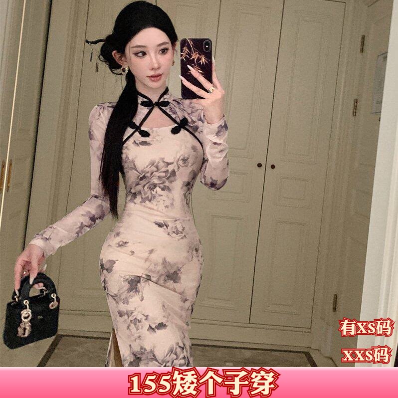 秋装小个子女装加小码XXS150cm显高开叉长袖时尚裙新款百搭连衣裙