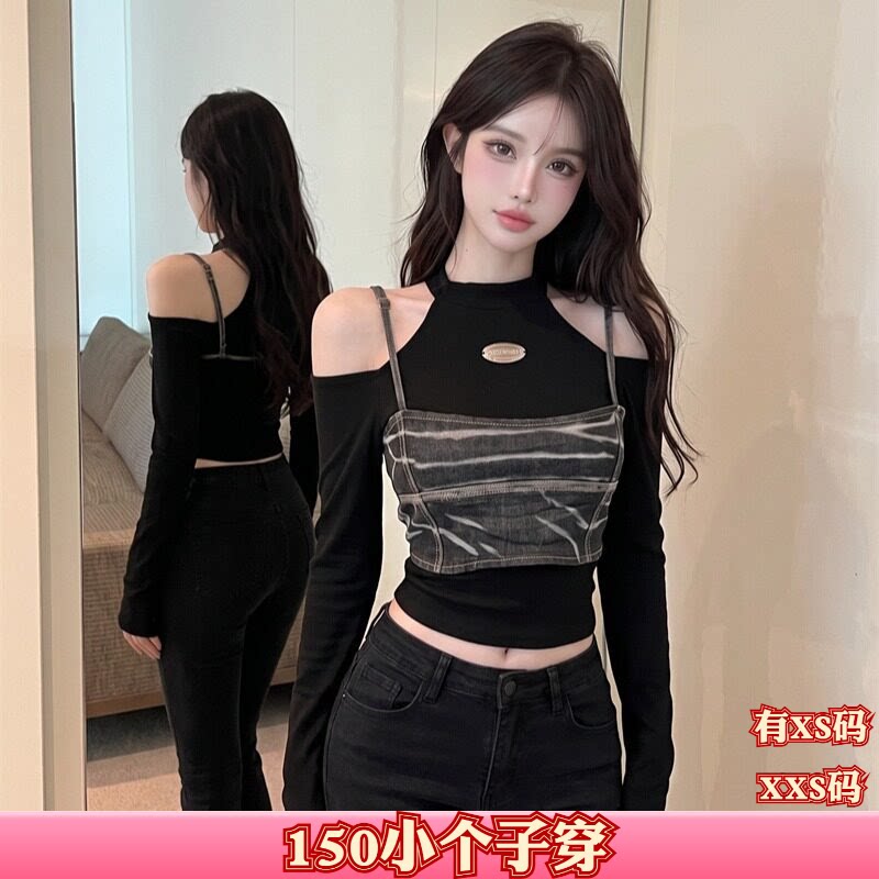 秋装女装加小码XXS矮个子150cm显高假两件背心挂脖吊带款长袖T恤