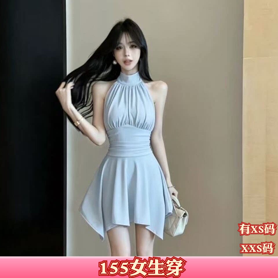 矮个子女装秋装150cm新款加小码XXS码挂脖不规则款收腰时尚连衣裙