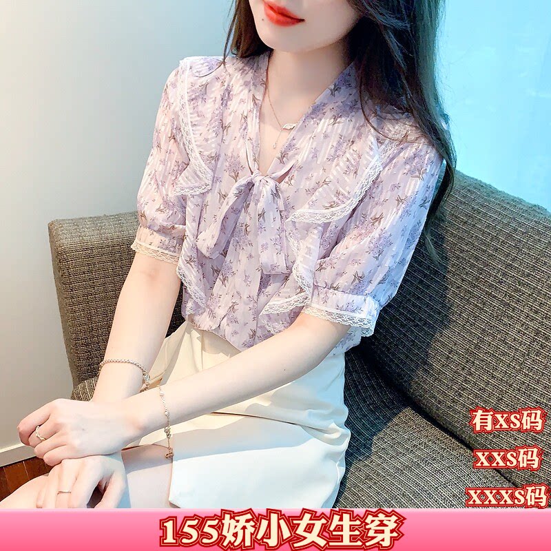 夏装加小码XXS女装矮个子150cm显高碎花衬衫雪纺短袖蝴蝶结衬衣