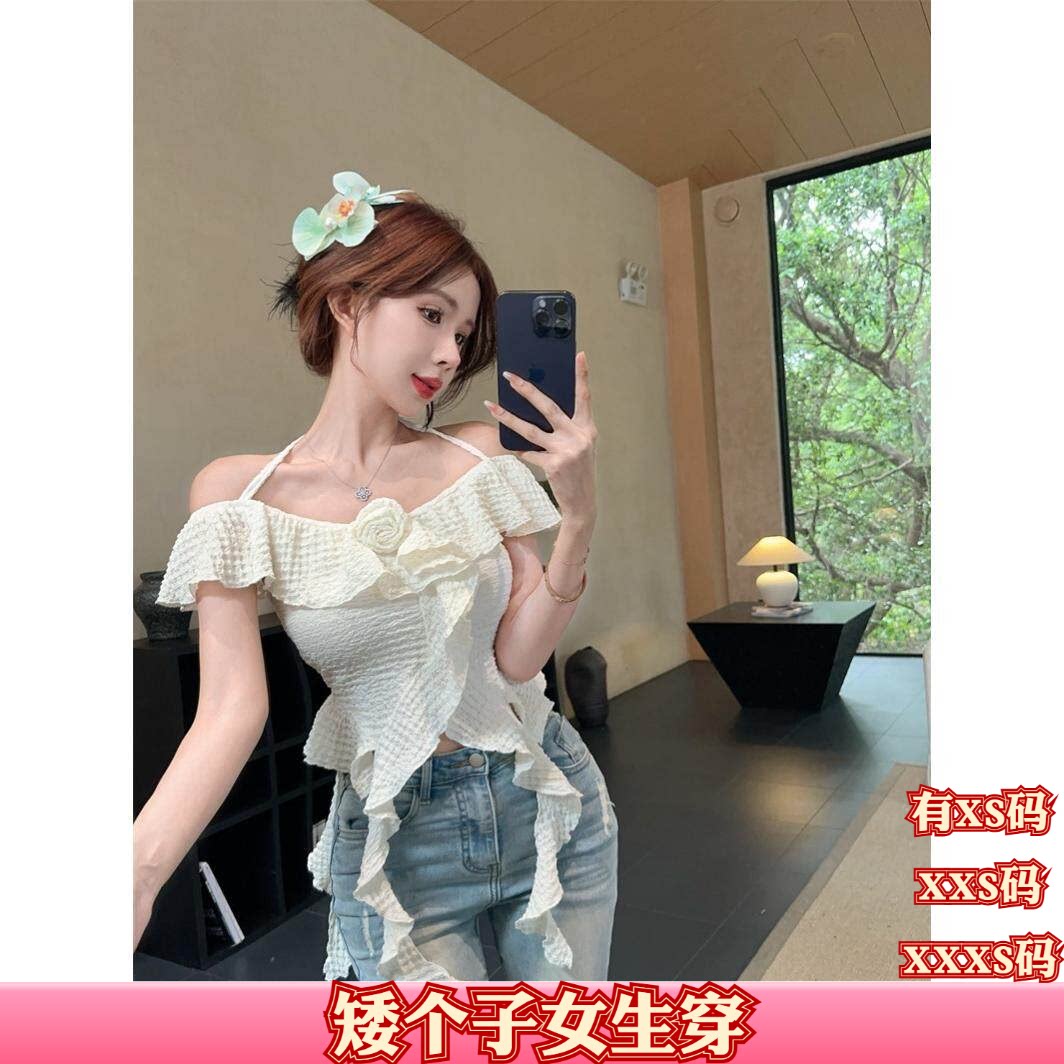 加小码XXXS夏季女装小个子150cm显高一字领修身短款雪纺衫上衣女