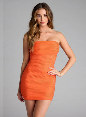 性感抹胸橙色高级感烫钻包臀连衣裙女小众短款舞台演出宴会晚礼服