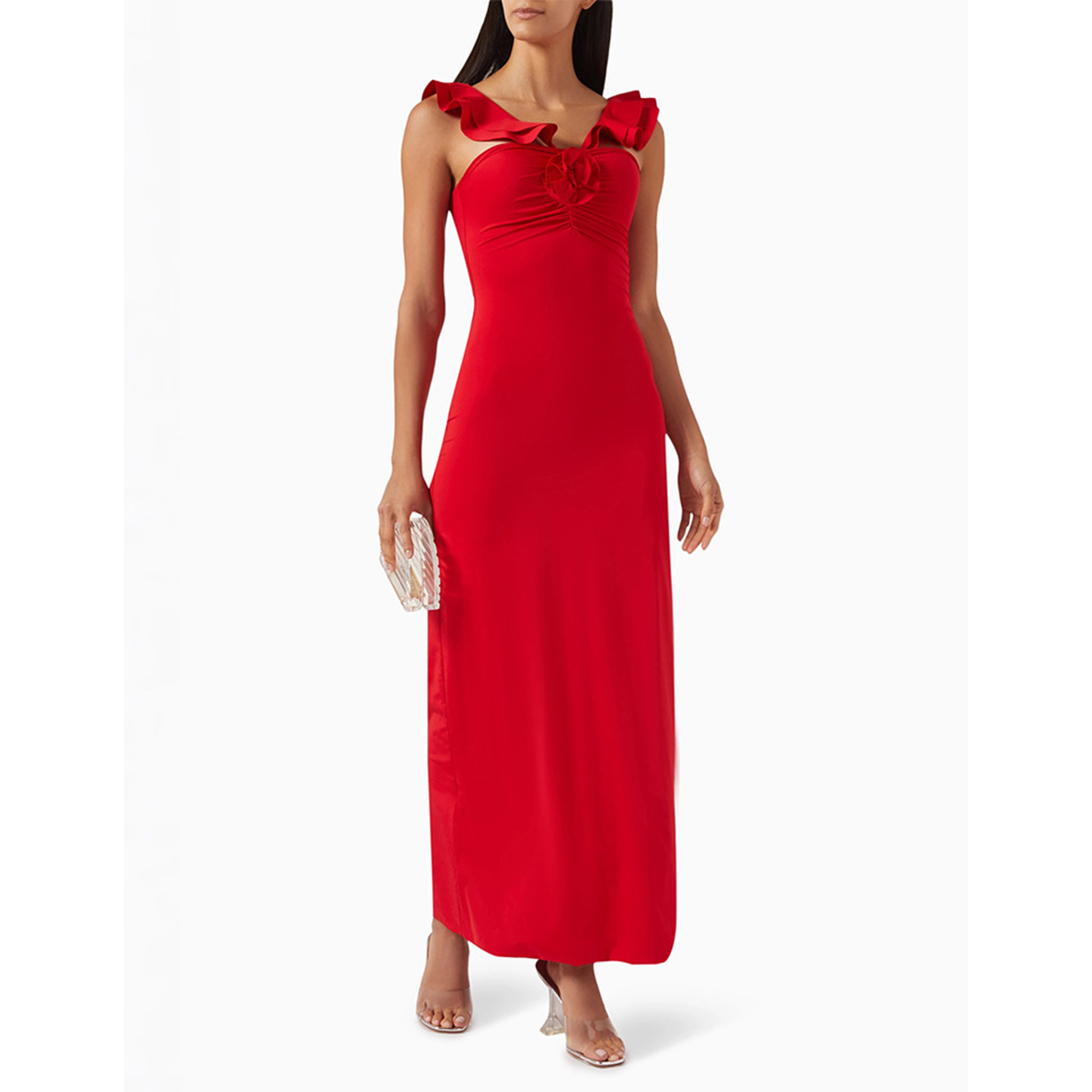 红色挂脖荷叶边修身宴会礼服长裙