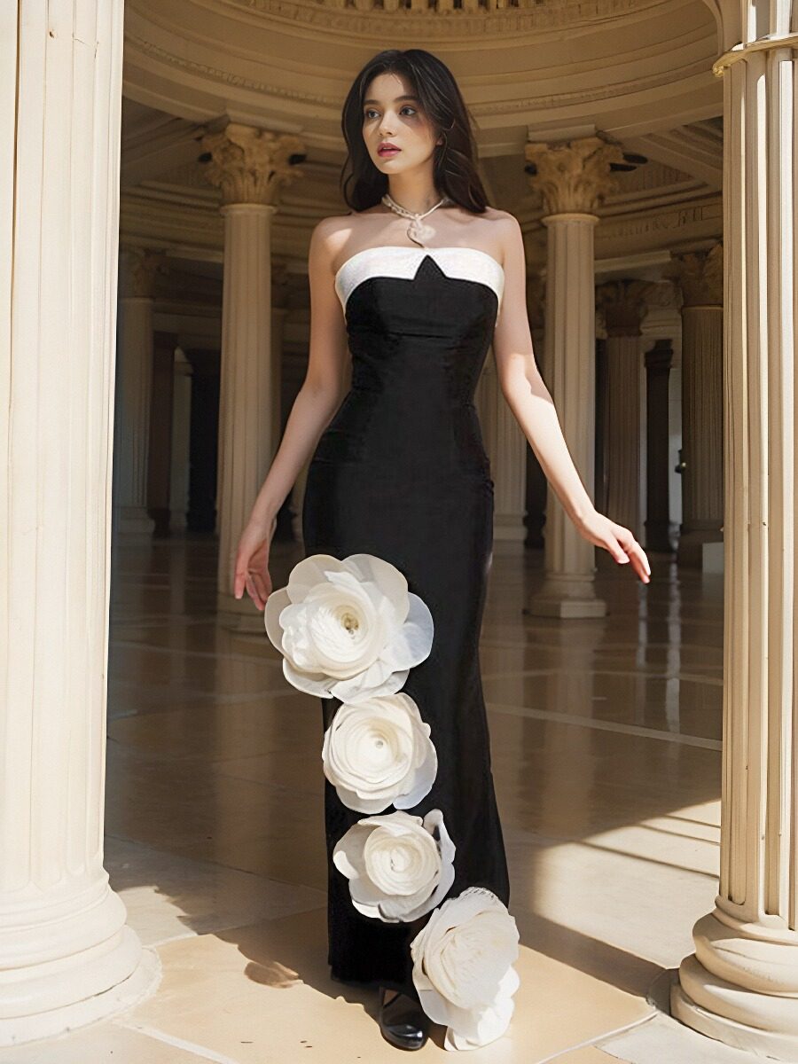 黑白拼色立体大花绷带抹胸连衣裙女气质收腰宴会晚礼服鱼尾长裙