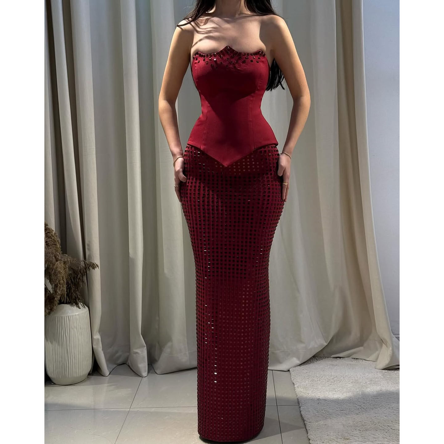 欧美高级感性感烫钻抹胸两件套女