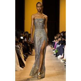 法式高级感重工闪闪亮片开叉抹胸连衣裙女气质走秀高端宴会晚礼服