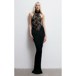 黑色复古蕾丝拼接收褶挂脖露背收腰修身连衣裙性感气质宴会晚礼服