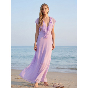 气质礼服 性感修身 法式 度假风深V领荷叶边长裙女淡紫色连衣裙无袖