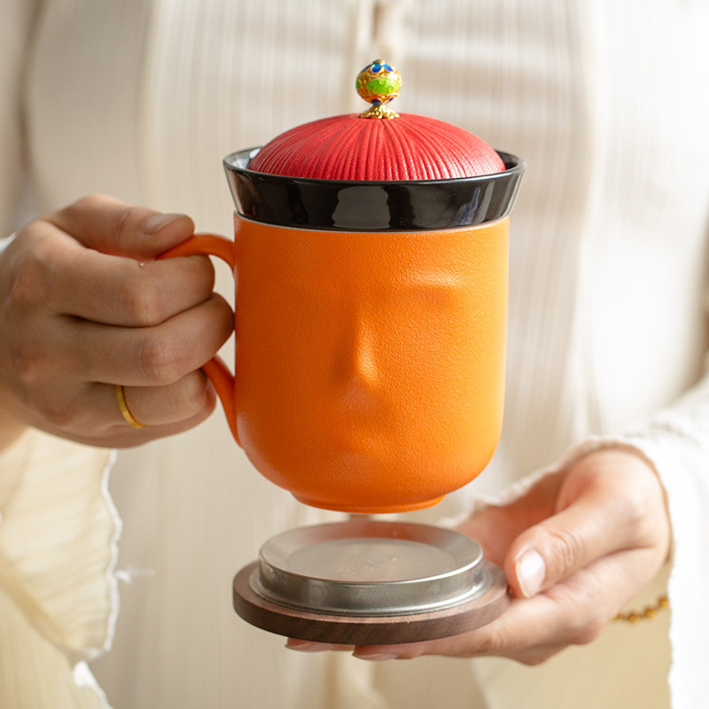茶水分离创意官帽泡茶杯带盖过滤办公室水杯大容量陶瓷马克杯