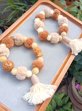 天然橄榄核蜜罐吞金兽毛球手链女款单圈手串礼物送女友闺蜜礼物