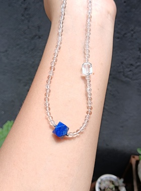 天然4mm白水晶9.7mm青金石八棱柱设计感锁骨链项链珍珠项链