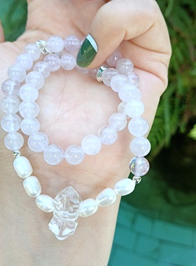 天然7mm薰衣草紫水晶天然淡水珍珠双圈手链