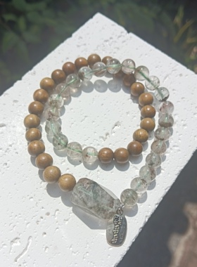 天然8mm绿幽灵水晶绿檀木双圈手链百搭礼物送女友闺蜜生日礼物