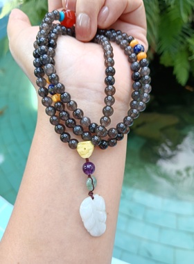 天然冰种黑曜石翡翠设计款108颗手链毛衣链项链送闺蜜礼物