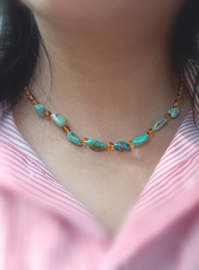 天然绿松石随型项链毛衣链原矿琥珀蜜蜡锁骨链一物一图