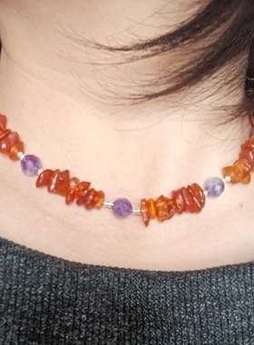 天然琥珀蜜蜡钻切紫水晶项链锁骨链送闺蜜女友礼物