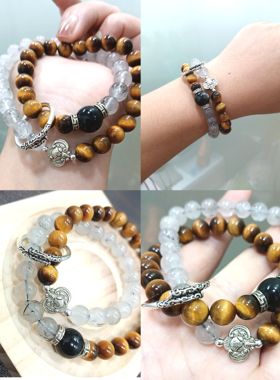 天然水晶黑发晶虎眼石双圈新中式手饰