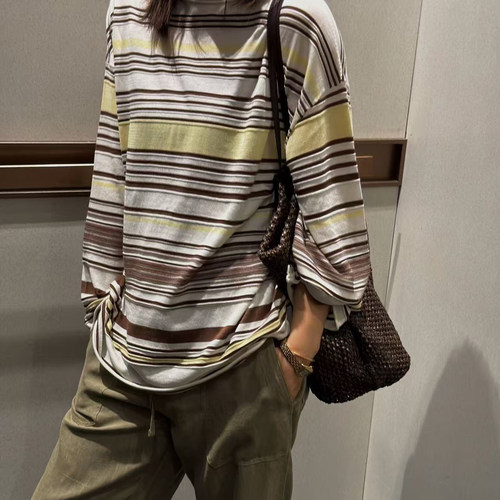 秋季宽松T恤长袖条纹上衣女