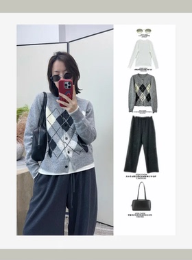 JOSIE CHOW【费尔岛】2025秋冬复古文艺菱格纹羊毛开衫MC352506