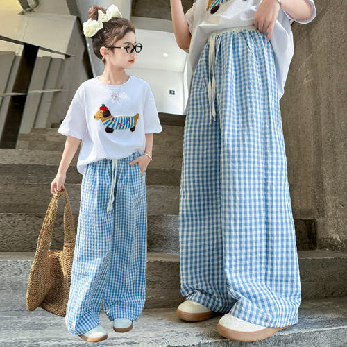 女童夏日穿搭套装腊肠狗短袖洋气儿童格子裤2026新款夏天好看衣服