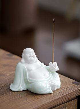 青瓷招财弥勒佛家居室内迷你香插香座创意茶室桌摆陶瓷小和尚摆件