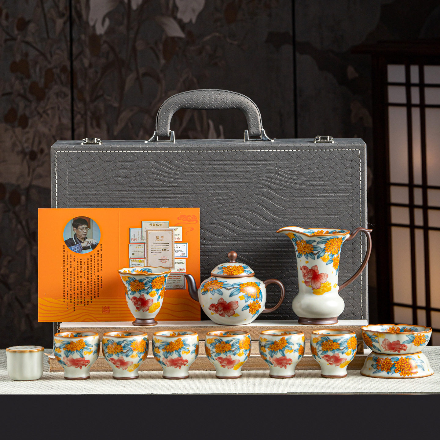 米黄汝窑12头茶具套装桂花锦鲤高档商务陶瓷家用功夫茶具送礼套装,餐饮具,整套茶具,淘宝优惠券,粉丝福利购,淘宝优惠卷