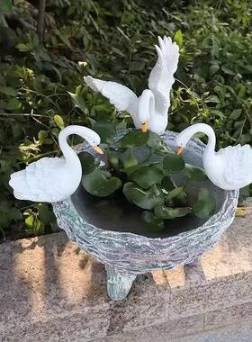 创意铜钱草水培植物花盆石臼可爱小白鸭子摆件花园庭院茶桌装饰品