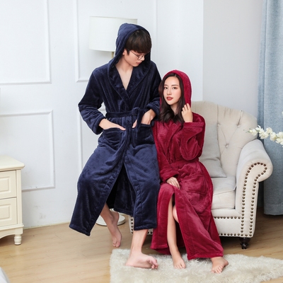 加长珊瑚绒连帽浴袍大码家居服