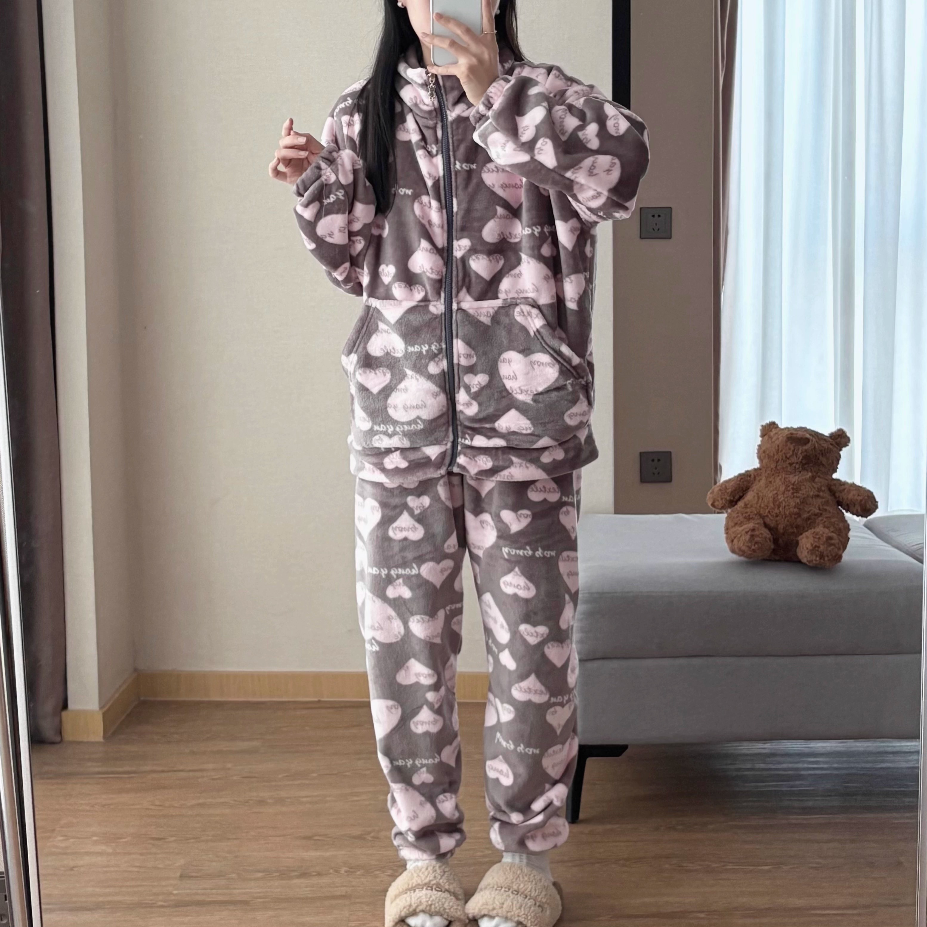 法兰绒保暖睡衣家居服女两件套装