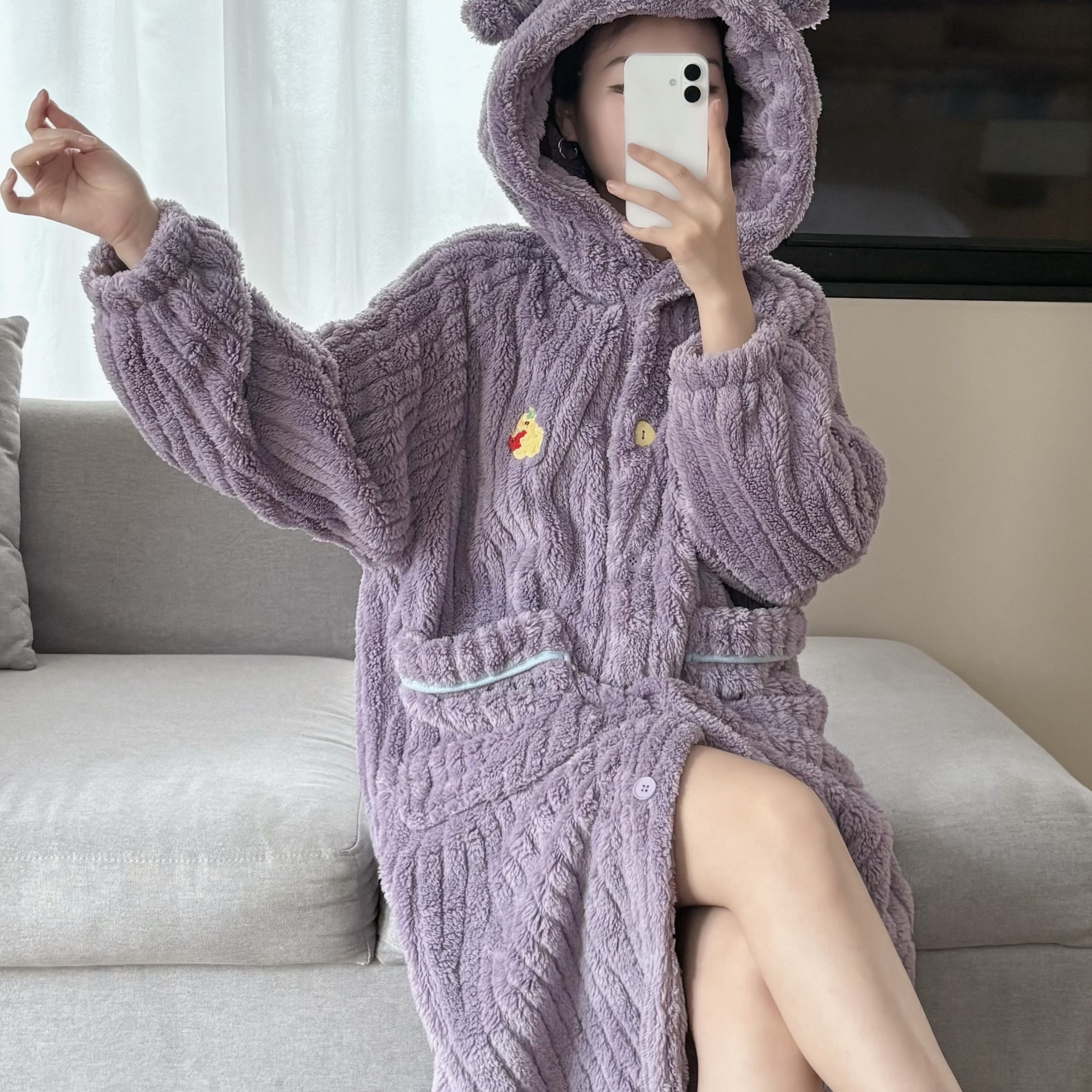 2025冬珊瑚绒睡袍女加厚保暖家居服卡通连帽中长款浴袍可外穿特价