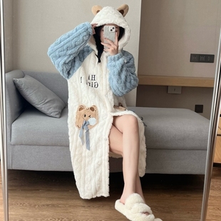 春秋连帽卡通睡袍女珊瑚绒长款 2025新款 睡衣法兰绒可爱家居服
