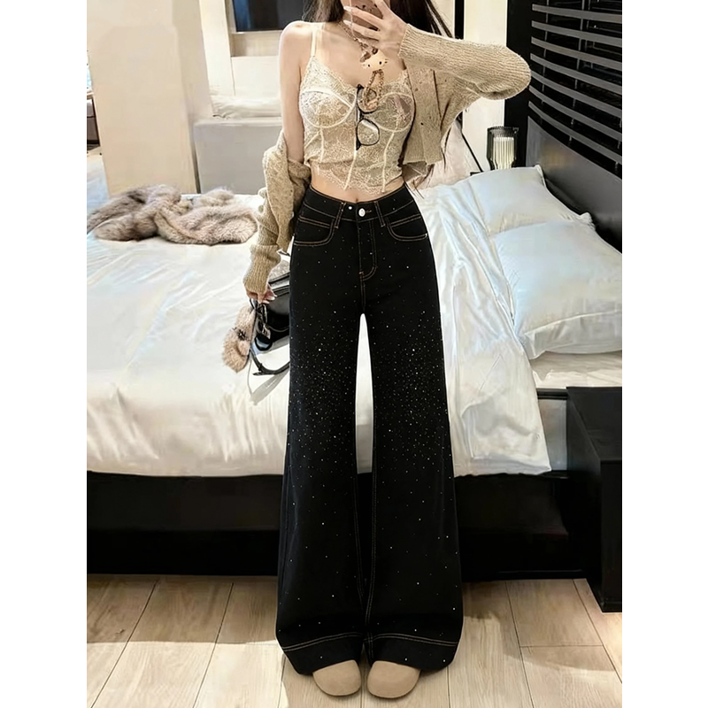 黑色星河烫钻阔腿直筒牛仔裤女加绒秋冬2025新款高腰小个子拖地裤