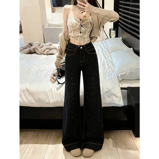 黑色星河烫钻阔腿直筒牛仔裤女加绒秋冬2025新款高腰小个子拖地裤