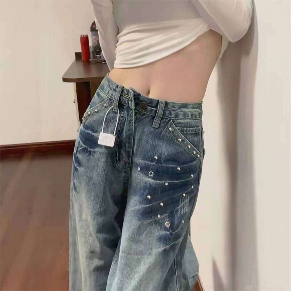 美式铆钉高腰阔腿牛仔裤女春季秋冬2026新款松弛宽松垂感直筒裤子