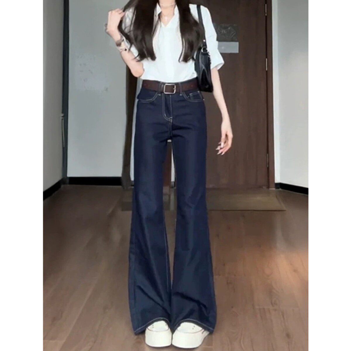 丹宁蓝色牛仔裤女春季秋冬2026新款高个子加长裤子垂感高腰微喇裤