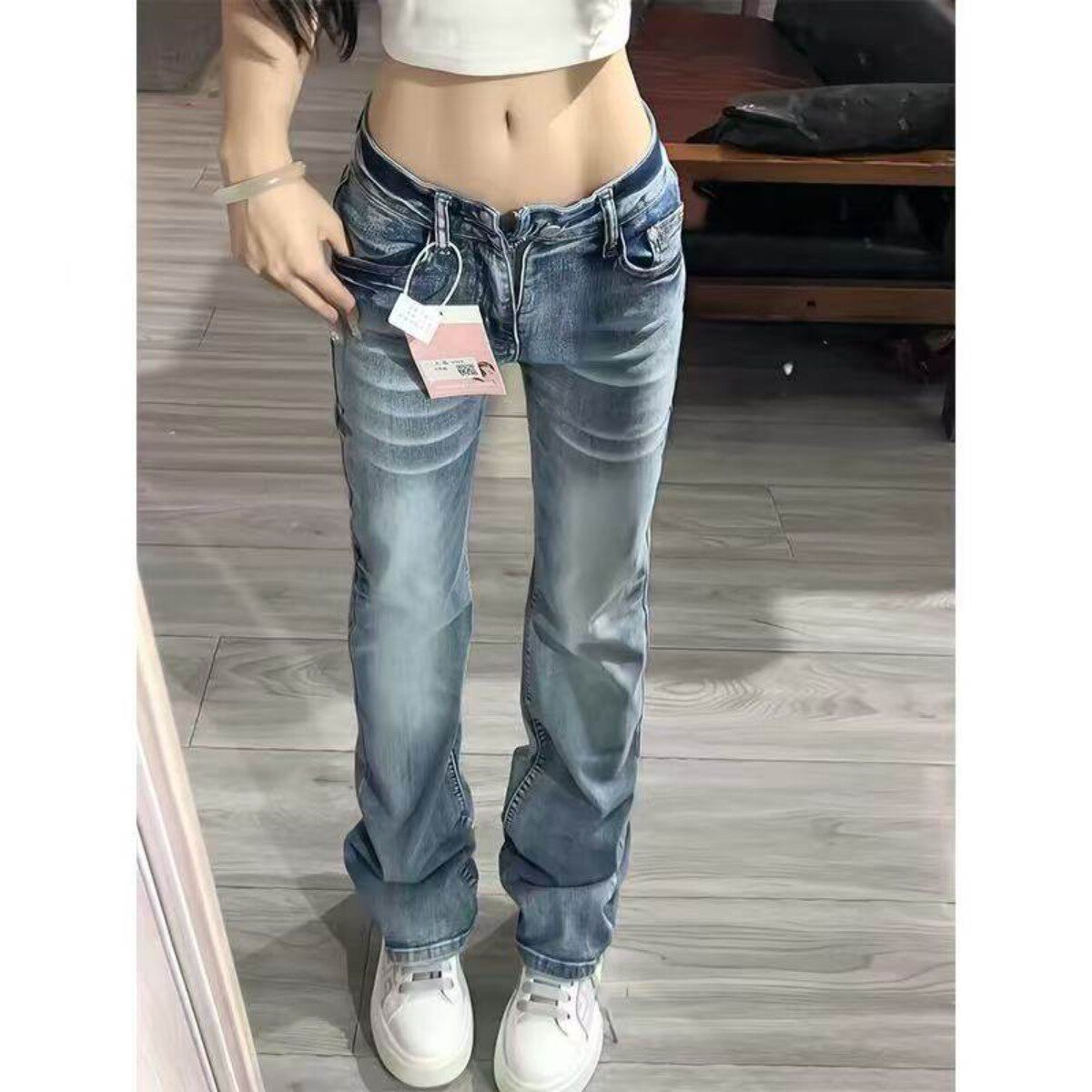 水洗牛仔裤女春季秋冬2026新款不贴腿美式复古阔腿裤浅蓝直筒宽松