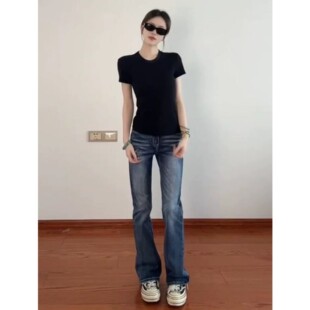 复古水洗蓝色直筒牛仔裤女秋季秋冬2025新款窄版宽松显瘦拖地裤子