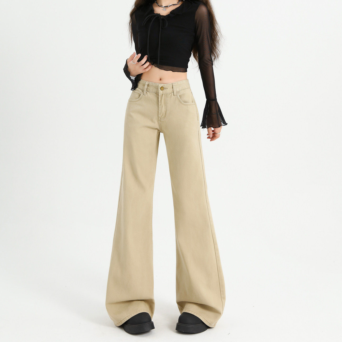 卡其色微喇叭不贴腿牛仔裤女春季秋冬2026新款美式复古低腰长裤子