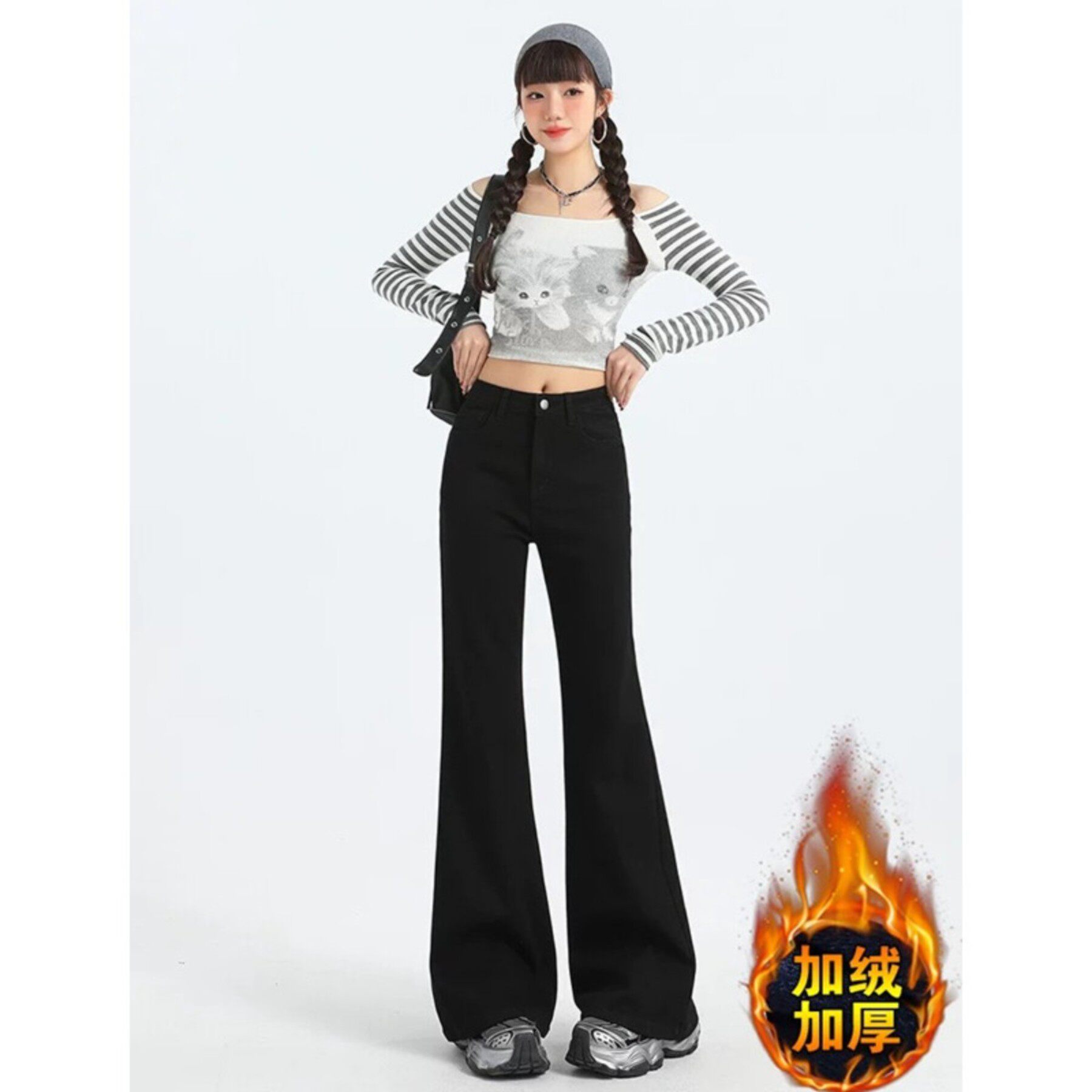 美式黑色微喇牛仔裤女春季秋冬2026新款高腰不贴腿直筒拖地喇叭裤