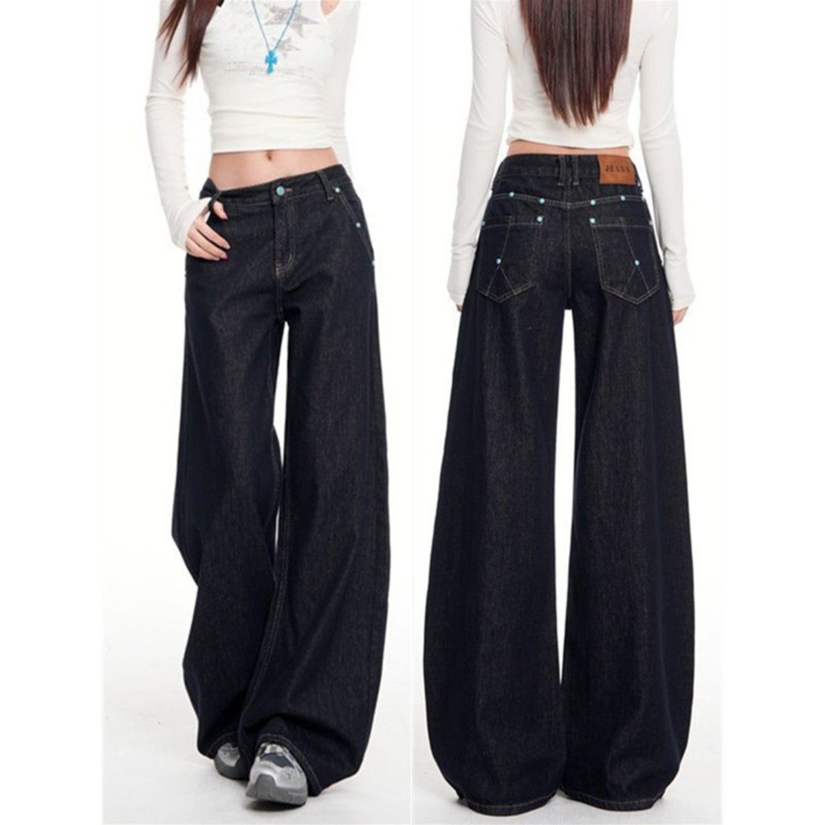 美式绿松石撞钉廓形牛仔弯刀裤女秋季秋冬2025新款直筒微喇长裤子,女装/女士精品,牛仔裤,淘宝优惠券,粉丝福利购,淘宝优惠卷