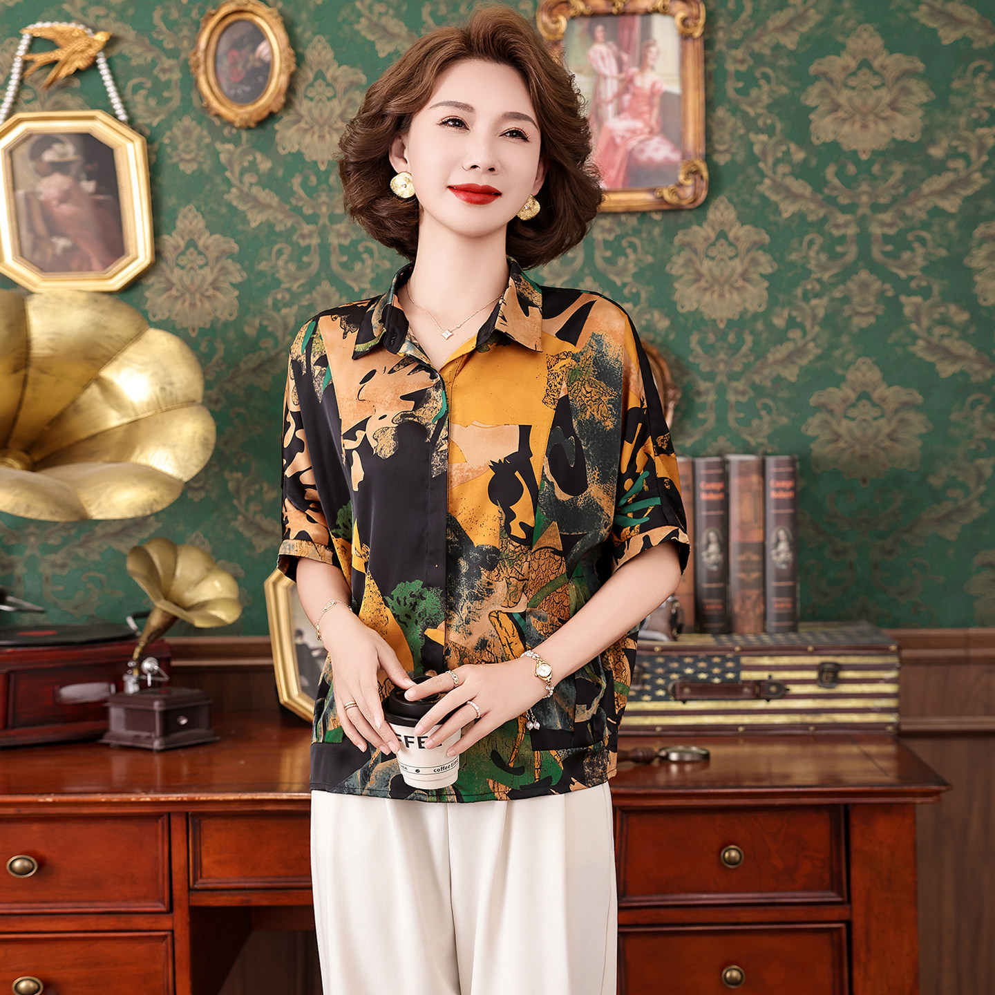 夏季真丝撞色抽象印花妈妈衬衫