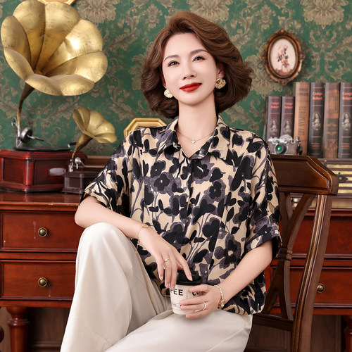 夏季真丝印花宽松显瘦妈妈衬衫
