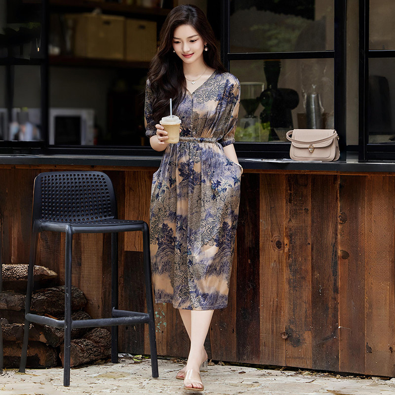 ModeFair真丝连衣裙女夏高端奢华贵夫人气质大码遮肚子桑蚕丝裙子