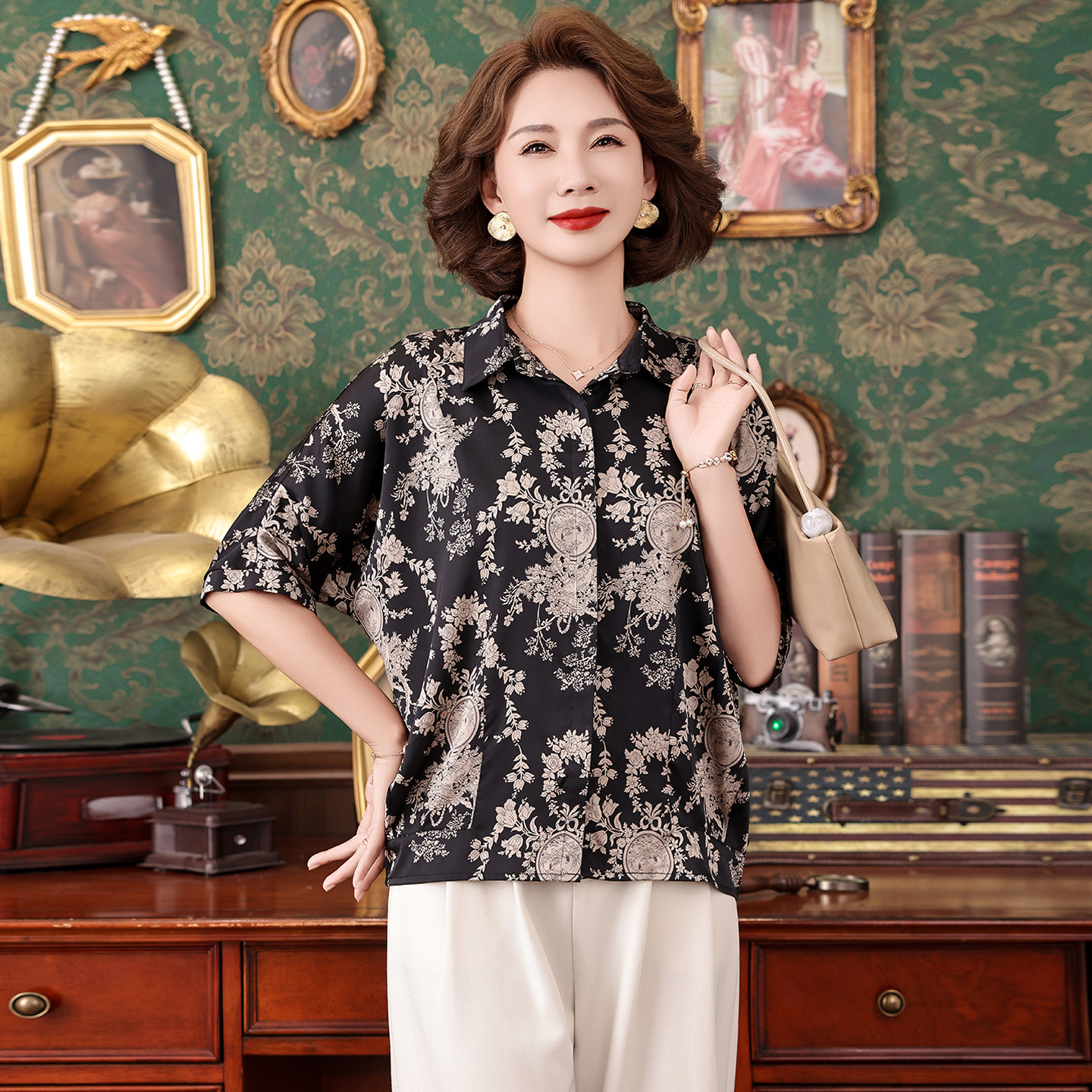 夏季桑蚕丝印花宽松短袖衬衫女