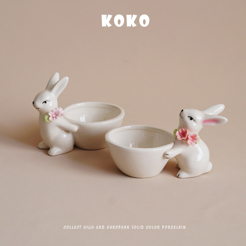 KOKO 出口北欧 手绘可爱兔子造型陶瓷小碗蘸料碟前菜碟甜品点心碟